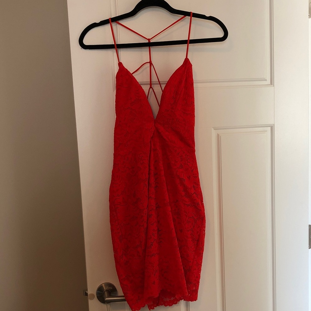 BEBE Red Lace Spaghetti-Strap Dress
